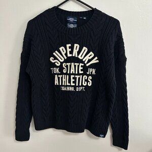 Superdry college cable knit sweater Womens sz 8 black white embroidered Academia